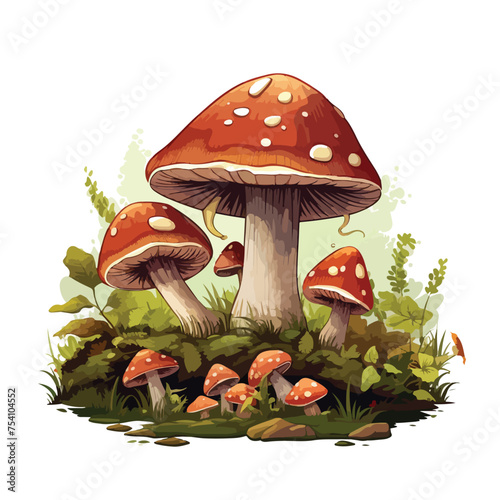 A cluster of mushrooms in a fairy ring. Vector clipart.