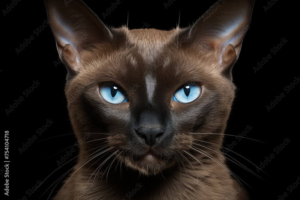 Detailed close-up siamese cat posing with striking blue eyes in detailed portrait photography