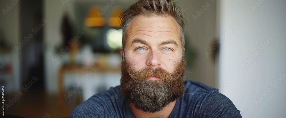 Man With Beard Wearing Blue Shirt - obrazy, fototapety, plakaty 