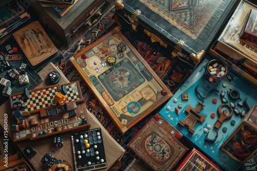 A beautifully arranged flat lay of vintage strategy board games, showcasing the variety and depth of games available. 