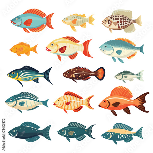 A collection of different types of fish. Vector clipart.