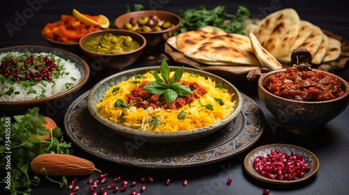 Vibrant ramadan feast: assorted arabic delicacies with fresh mint and almonds - cultural culinary spread for festive celebrations