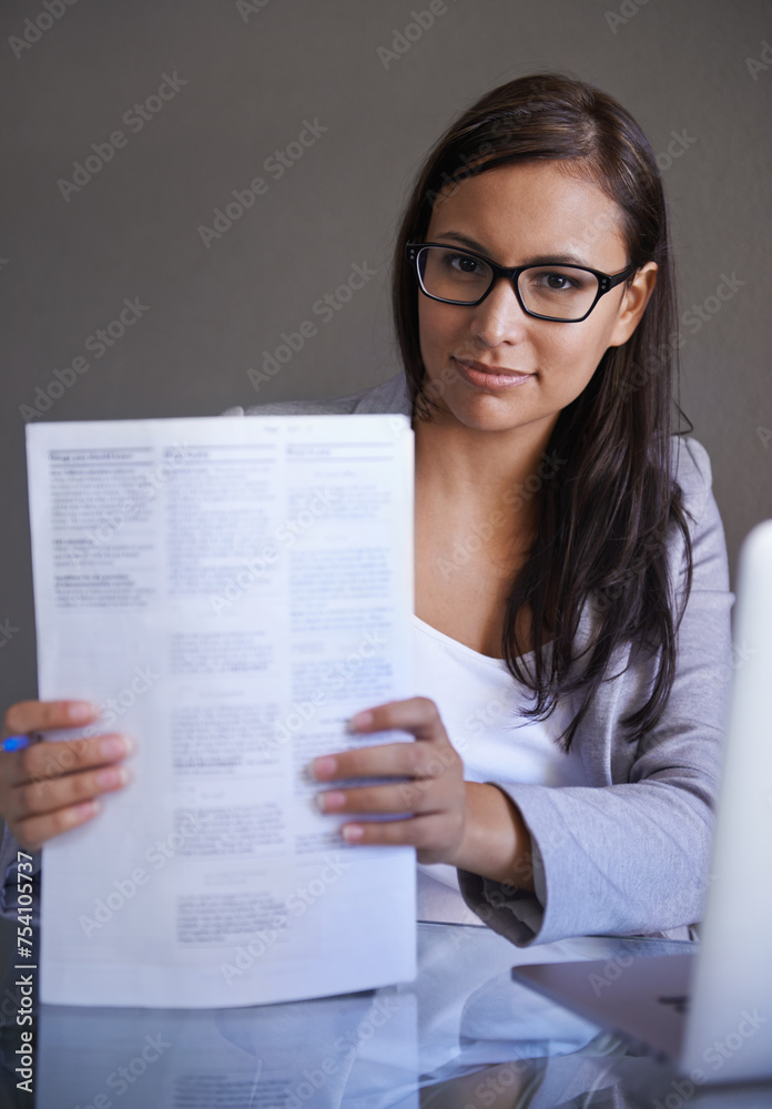 Paperwork, document and portrait of woman at desk in office with legal report of compliance. Professional, attorney and notary with contract proposal on table with information for deal in business Paperwork, document and portrait of woman at desk in office with legal report of compliance. Professional, attorney and notary with contract proposal on table with information for deal in business