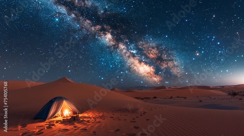 A starry night camp in the desert near an exotic city