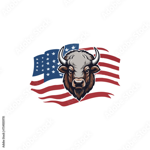 Creative American Bison vector logo design. Wild buffalo bull and American Flag. bison mascot illustration logo design