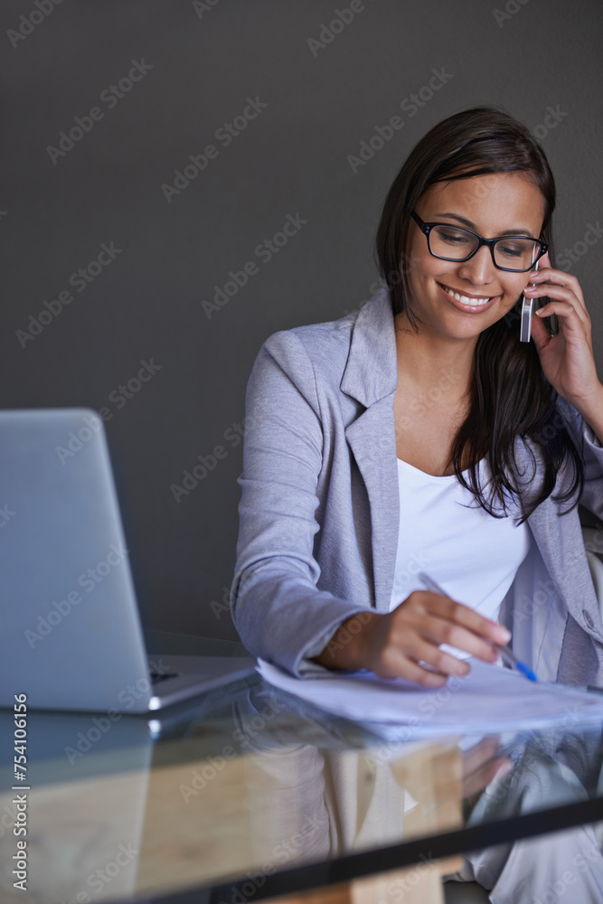 Phone call, laptop and woman writing notes in office for finance research with budget project. Smile, technology and professional financial advisor on mobile discussion with computer in workplace. Phone call, laptop and woman writing notes in office for finance research with budget project. Smile, technology and professional financial advisor on mobile discussion with computer in workplace.