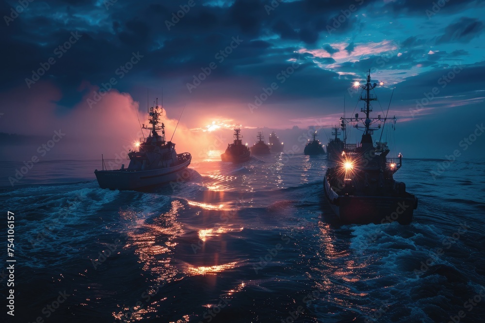 Obraz premium A group of navy patrol boats close to shore, as the sun dips below the horizon, casting a soft blue and purple hue across the scene. 