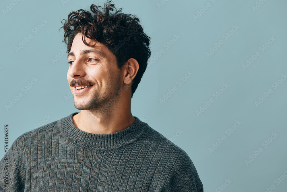Sweater man hipster copyspace fashion adult face trendy portrait smile handsome gesture hand - obrazy, fototapety, plakaty 