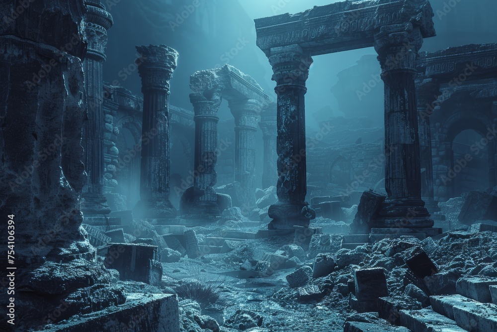 Ancient Ruins Exploration Blue Background - obrazy, fototapety, plakaty 
