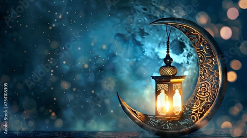 Islamic crescent moon and lantern lamp: decorative elements for ramadan kareem designs

 photo