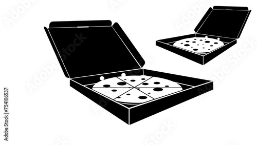 pizza in box, black isolated silhouette