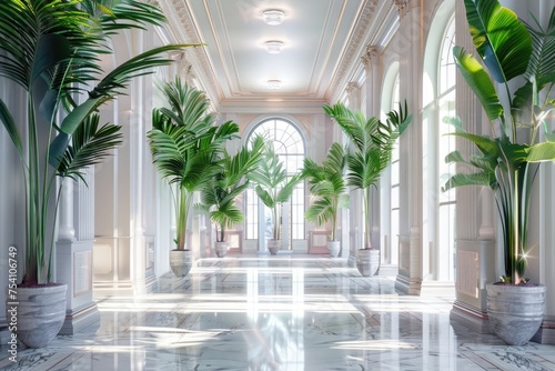 A grand hallway with high ceilings, polished marble floors, and a series of tall, architectural indoor plants placed along the length of the hallway
