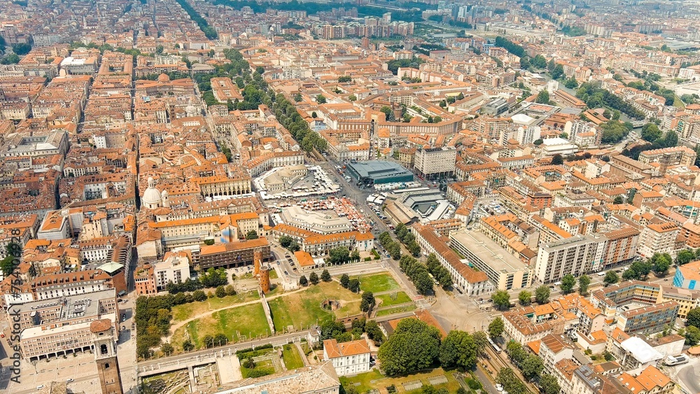 Turin, Italy. Piazza della Repubblica City square with market. Panorama of the historical city center. Summer day, Aerial View