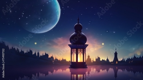 Vibrant ramadan kareem banner: mosque and lantern illuminating the night
