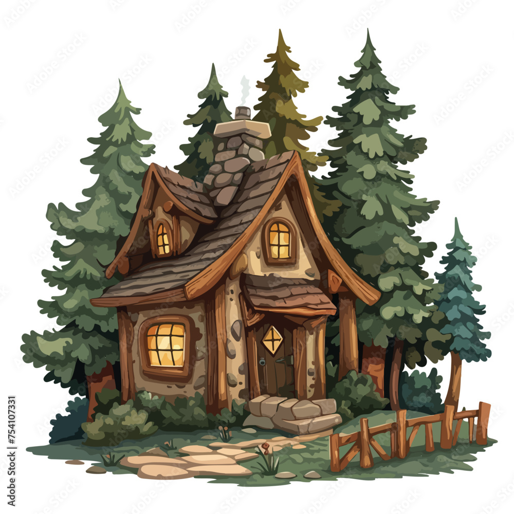 A cozy cabin in the woods. Vector clipart isolated on white background.