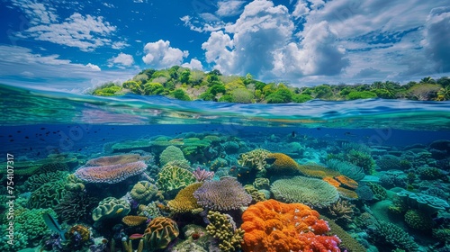 A vibrant coral reef teeming with marine life
