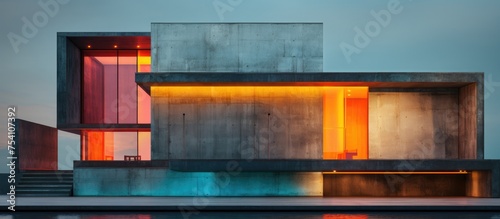 A modern villa with abstract architectural concrete and rusted metal features stands tall, with a pool in front gleaming under colored neon lighting.