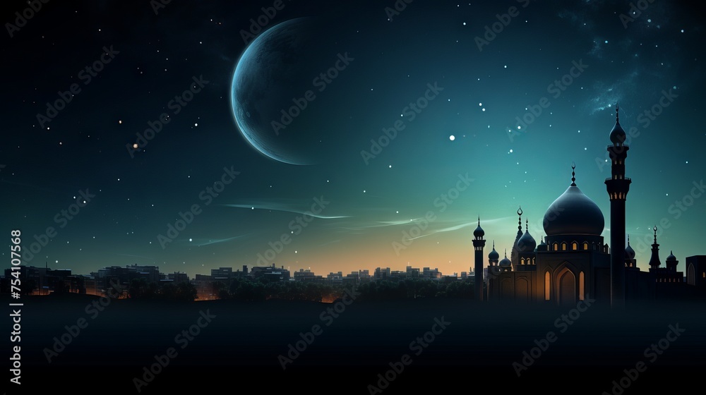 Mesmerizing ramadan eid wallpaper: crescent moon over silhouetted mosque on dark blue sky - islamic cultural theme

