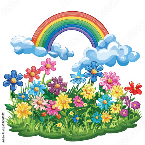 A field of flowers with a rainbow. Vector clipart isolated.