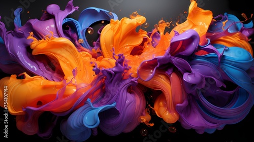Vibrant orange and cosmic purple liquids colliding with explosive force, forming a visually captivating and intense abstract composition