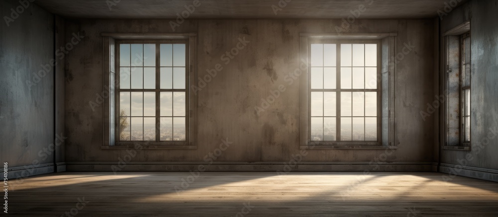 A room with a wooden floor and two windows, devoid of furniture or occupants. Light filters in through the windows, casting shadows on the floor.