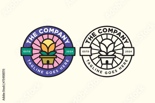 sun flower pot store house colorful badge logo for florist and floral company business