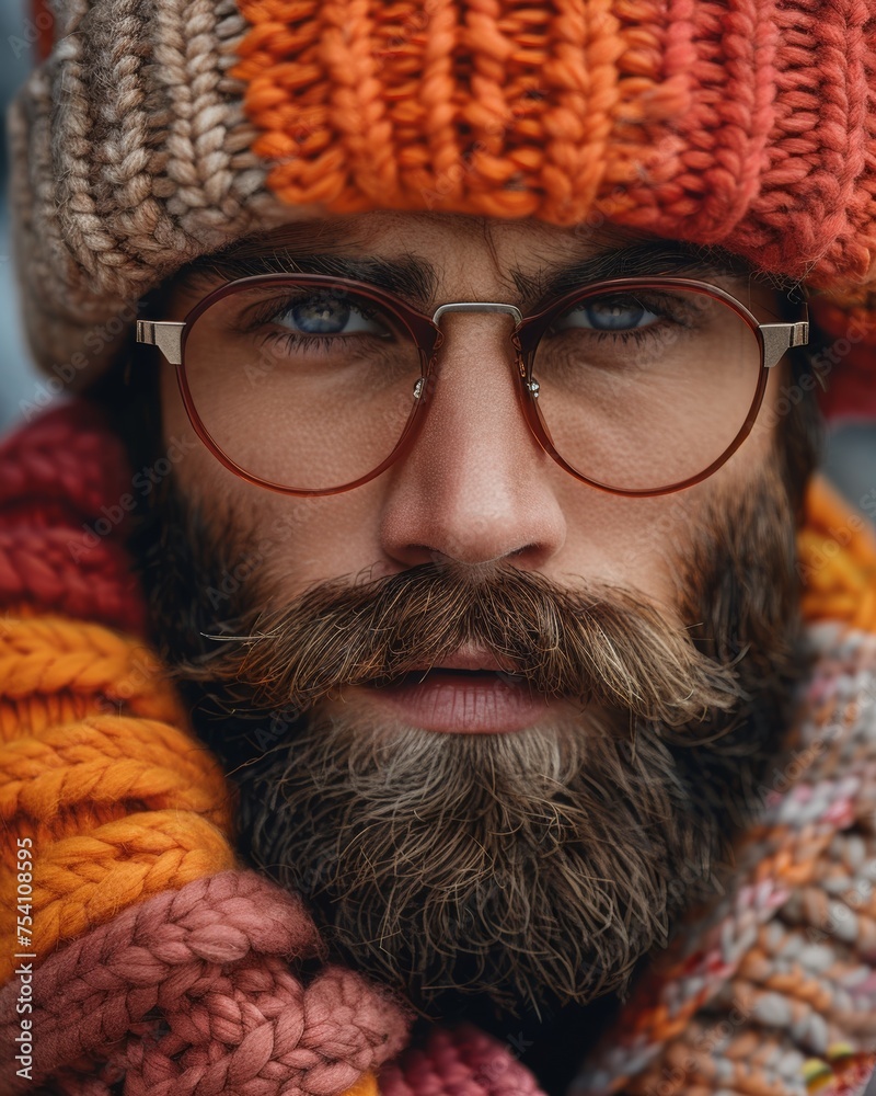 Man With Beard Wearing Knitted Hat and Scarf Man With Beard Wearing Knitted Hat and Scarf