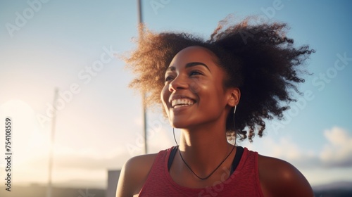 A happy black female athlete smiles while jogging, exercising, exercising outdoors against a blue sky background. Summer, Sports, Fitness, Running, Healthy Lifestyle concepts.