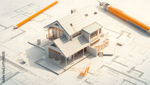 A 3D architectural model of a house positioned over blueprints, emphasizing the construction plans for the home. House building, 3D model, Sketch, and Architecture planning.