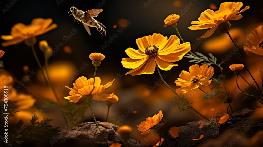 custom made wallpaper toronto digitalBeautiful mysterious insect flying over vibrant orange daisies in the enchanting evening