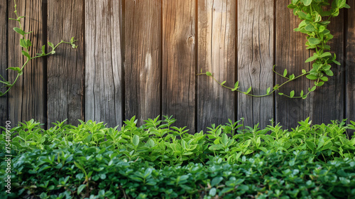 Fresh spring green grass and leaf plant over wood fence background.
