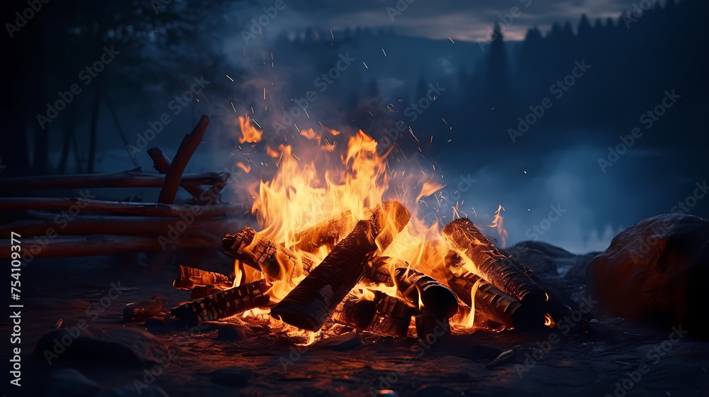 Bonfire burning fiery red, suitable for hiking and camping outdoor concept Bonfire burning fiery red, suitable for hiking and camping outdoor concept