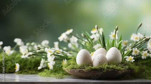 Easter eggs with simple decoration on a grey tabletop with copy space on top, Generative AI