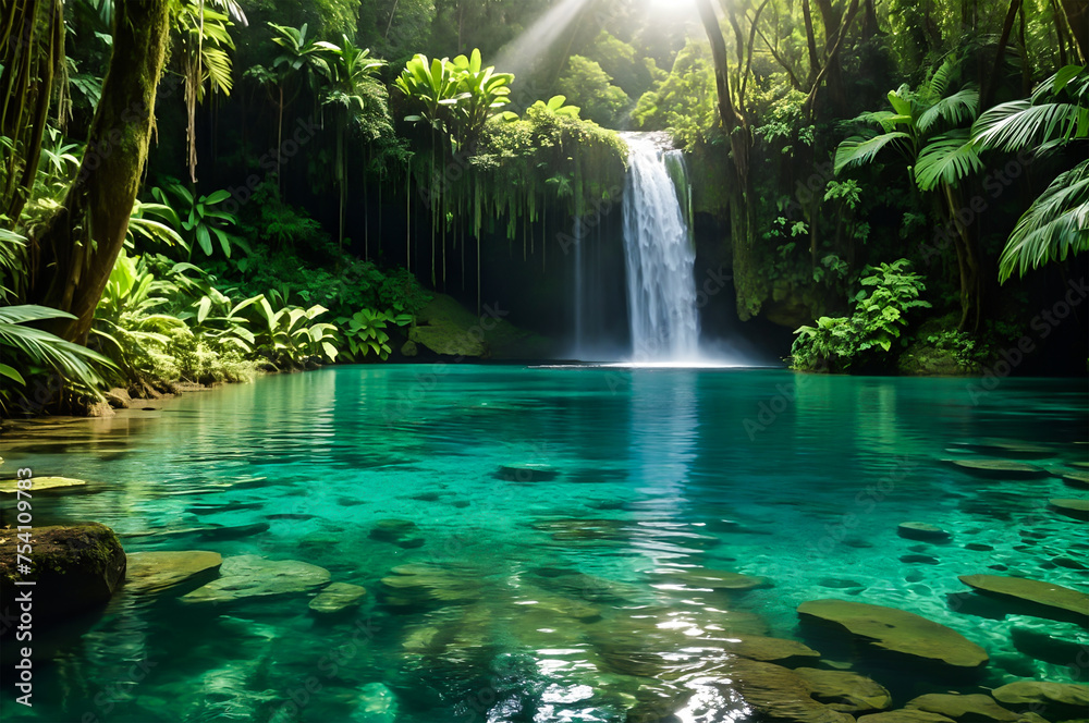 Naklejka premium Enchanting Waterfall Oasis A Serene Tropical Forest Escape. Beautiful Waterfall in The Jungle.