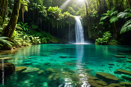 Enchanting Waterfall Oasis A Serene Tropical Forest Escape. Beautiful Waterfall in The Jungle.