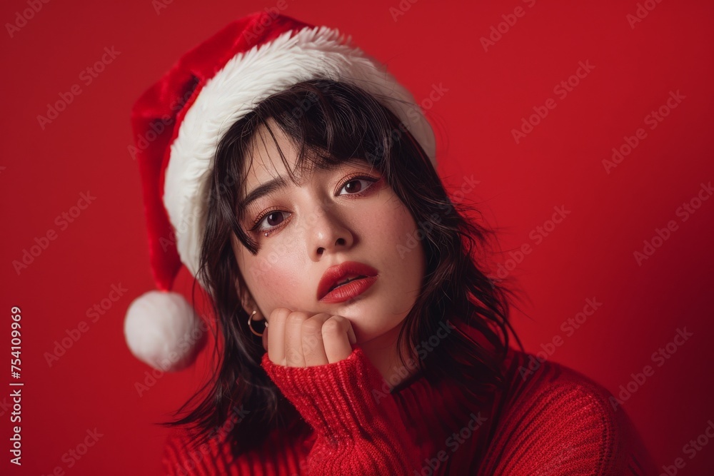 pretty young woman thinking about christmas wearing a santa hat on red background pretty young woman thinking about christmas wearing a santa hat on red background