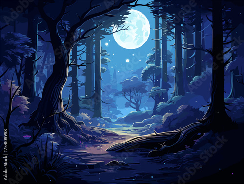 Mystical moonlight forest scene lit up at night
