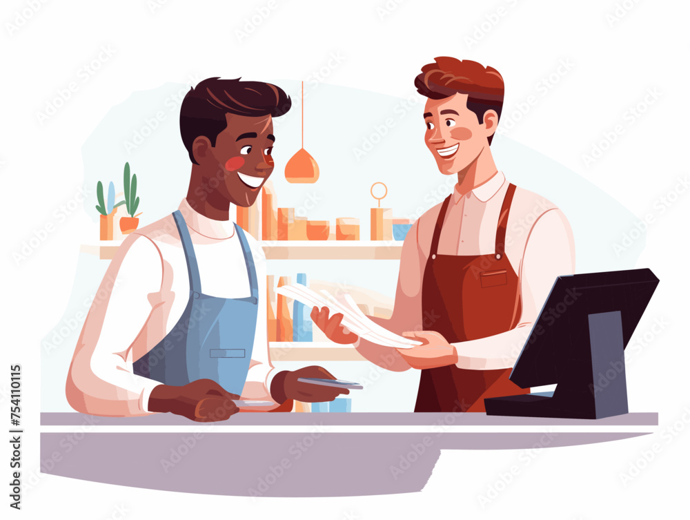 Retail employee at a cash register assisting a customer Retail employee at a cash register assisting a customer