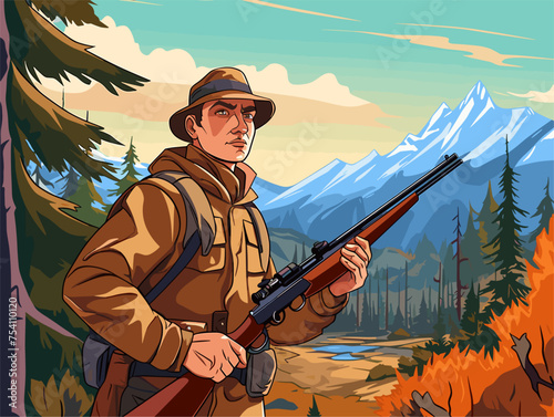 Illustration of a hunter with a rifle expedition
