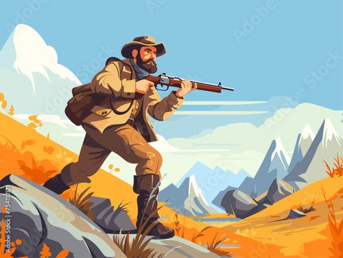 Illustration of a hunter with a rifle expedition
