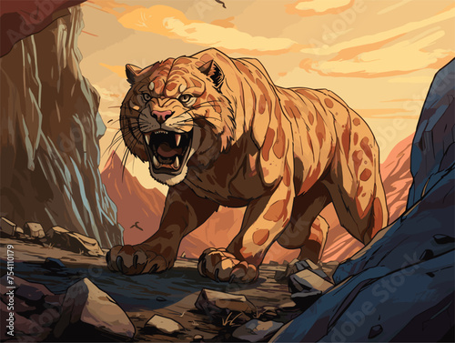 A saber-toothed cat roams a rocky landscape