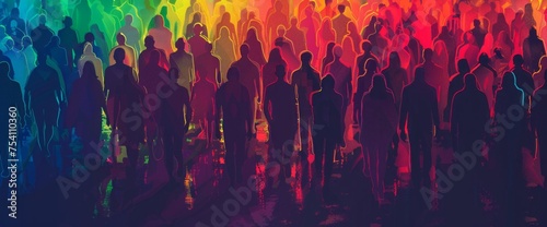 Neon Rainbow Unity: Large Group of Diverse People United, Symbolizing Inclusivity and Equality Across Races, Creed, and Religion