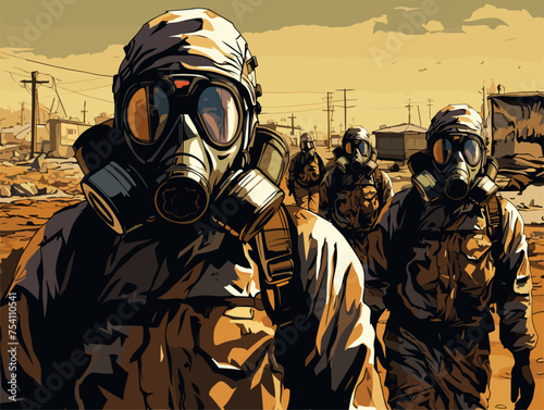 Soldiers in gas masks and hazmat suits are highlighted