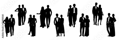 Silhouettes of different couples wearing evening formal outfits for celebration, wedding, event, party. Men and women in gorgeous clothes vector black illustrations isolated on transparent background.