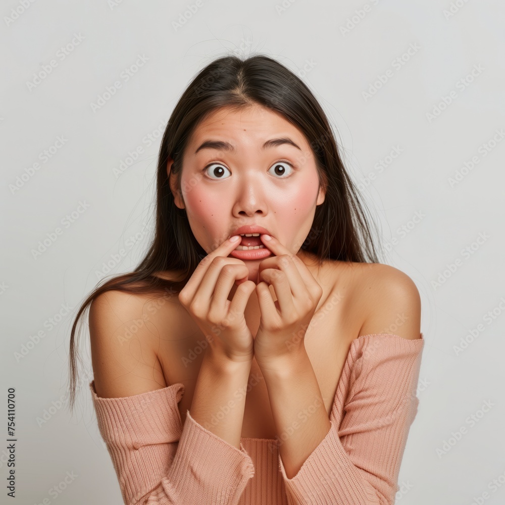 Young attractive nervous scared asian girl bitting her nails in studio Job Young attractive nervous scared asian girl bitting her nails in studio Job