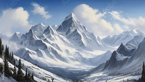 Digital painting of snow covered mountains landscape.
