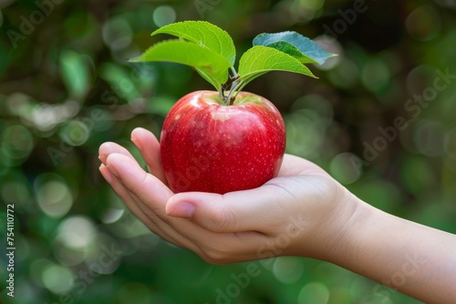 Hand holding fresh red apple