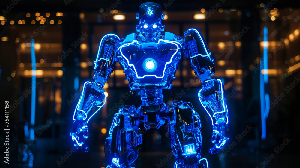 An advanced, full-body cybernetic robot with blue neon lighting stands against a dark, technological background.