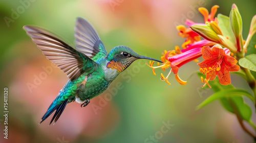 A vividly colored hummingbird hovers in midair, delicately feeding on the nectar of bright orange flowers in a lush garden.