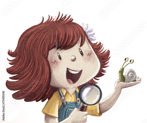 Little girl with magnifying glass observing a snail